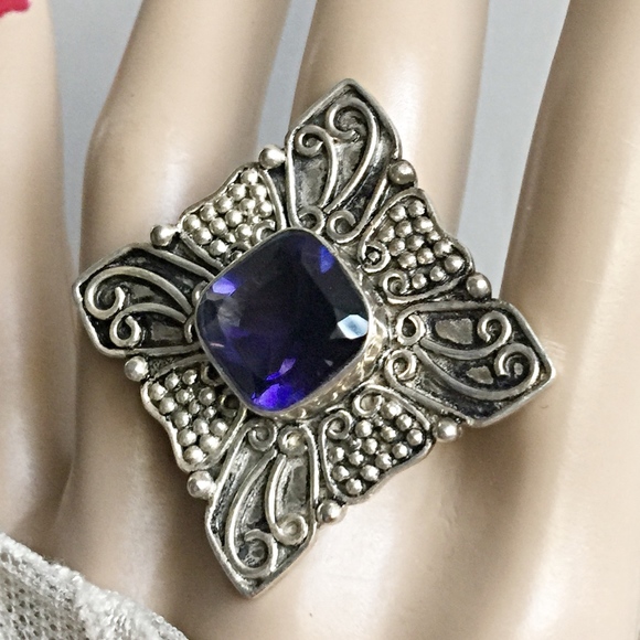 Large Vintage Sterling Iolite Cross Statement Ring - Picture 2 of 8